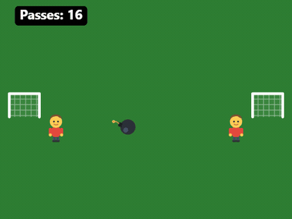 Football but the ball is a bomb: two players on a green pitch knock a spinning bomb back and forth between two goals, with a Passes counter climbing.